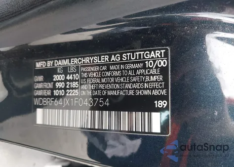 2001 Mercedes-Benz C 320 from USA, damaged, VIN WDBRF64JX1F043754